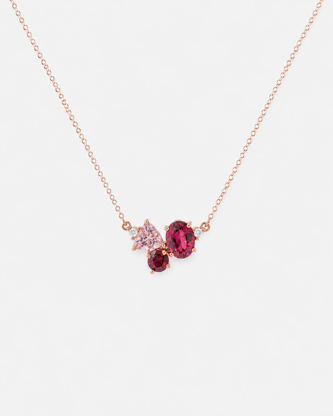 Three-Gemstone Diamond Cluster Necklace - Pink