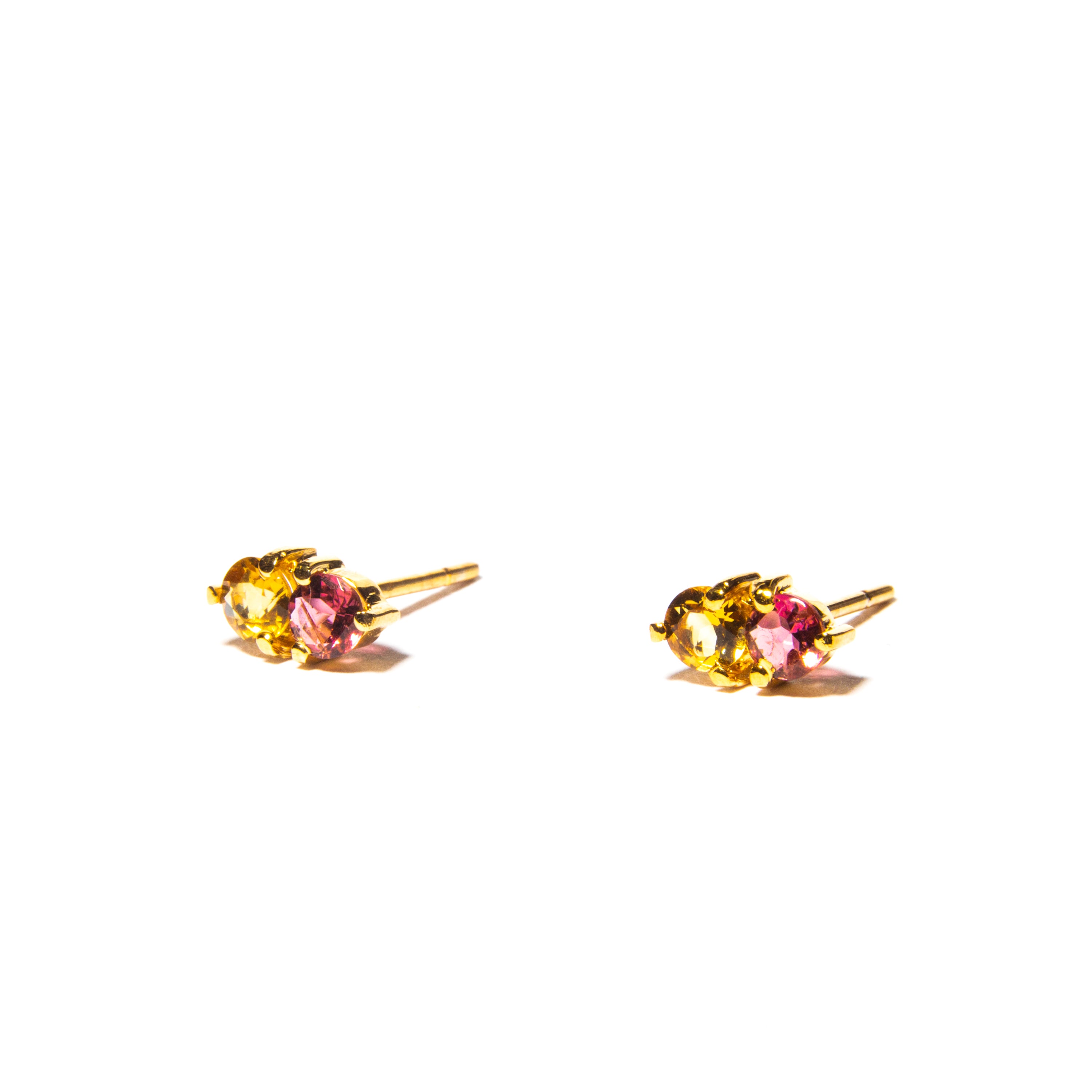 Double Cherry Citrine & Pink Tourmaline Studs - Yellow Gold